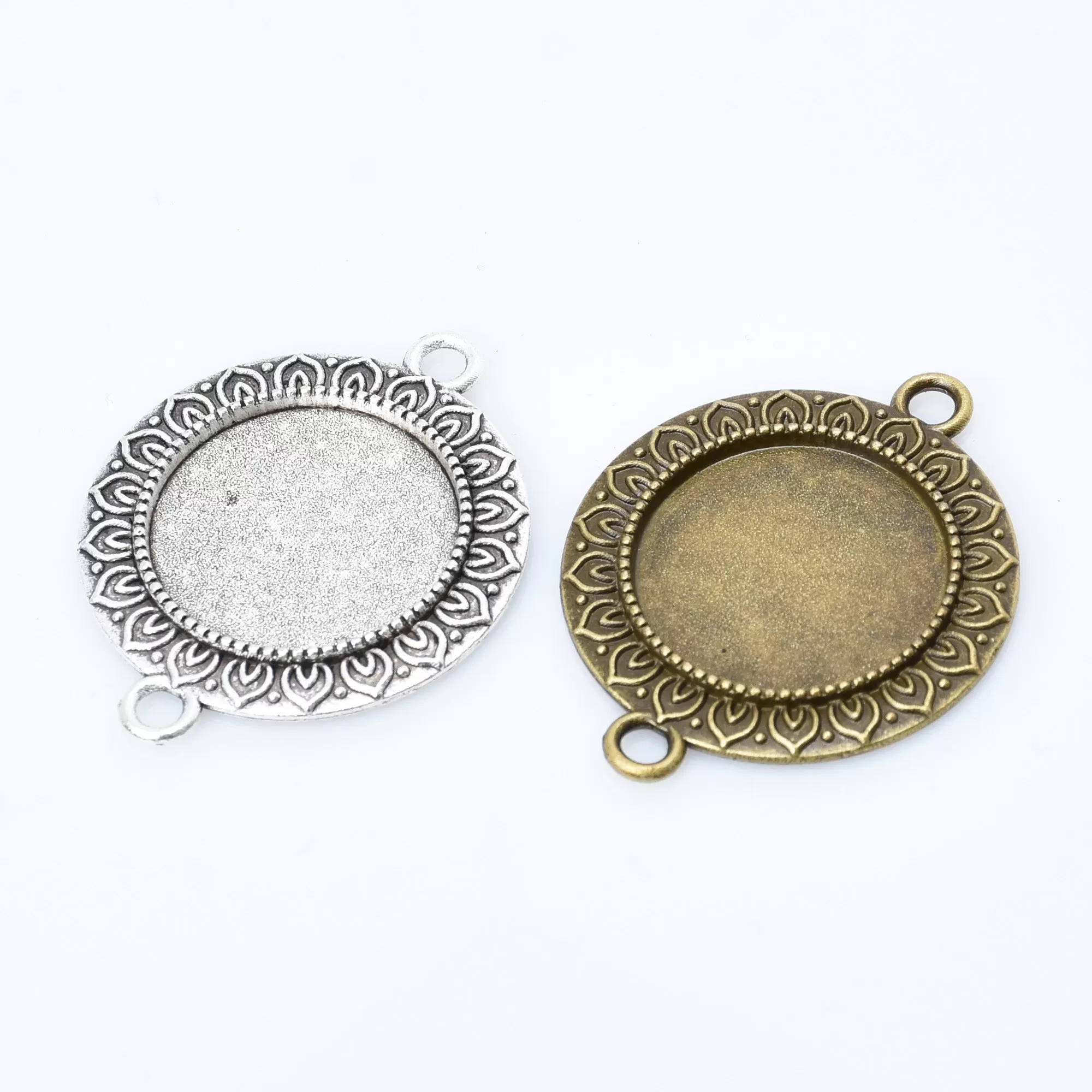 Alloy Round Connector Trays Double Loop Lotus lace Pendant Base fit 20mm round cabochons Tray Findings 10pcs 102943