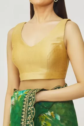 Beautiful Gold Mulberry Plunge V Neck Metallic Sleeveless Solid Blouse For Women