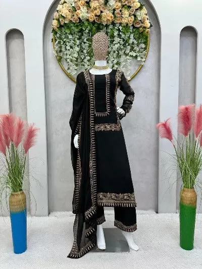 Black Georgette Golden Thread Work Palazzo Suit Set