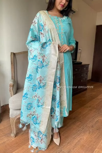 Blue Cotton Resham Threadwork Salwar Suit Set