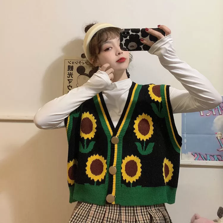 Button-Down Vest With Sunflower Pattern