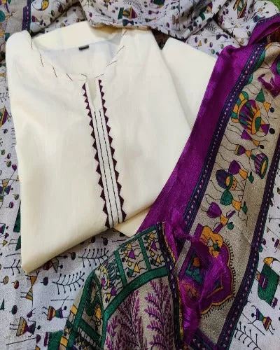 Cream Cotton Salwar Suit Set With Warli Print Khadi Silk Dupatta