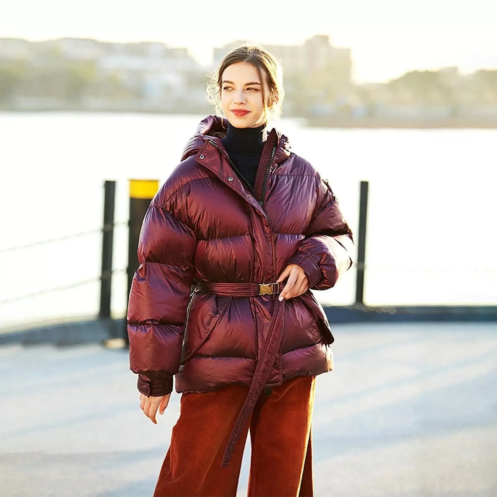 Darcy Claret Hooded Belted Down Puffer Jacket