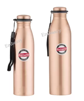 Embassy Premium Copper Water Bottle, Plain, Set of 2, 600 ml and 1000 ml - Leak-Proof, Jointless and Pure Copper