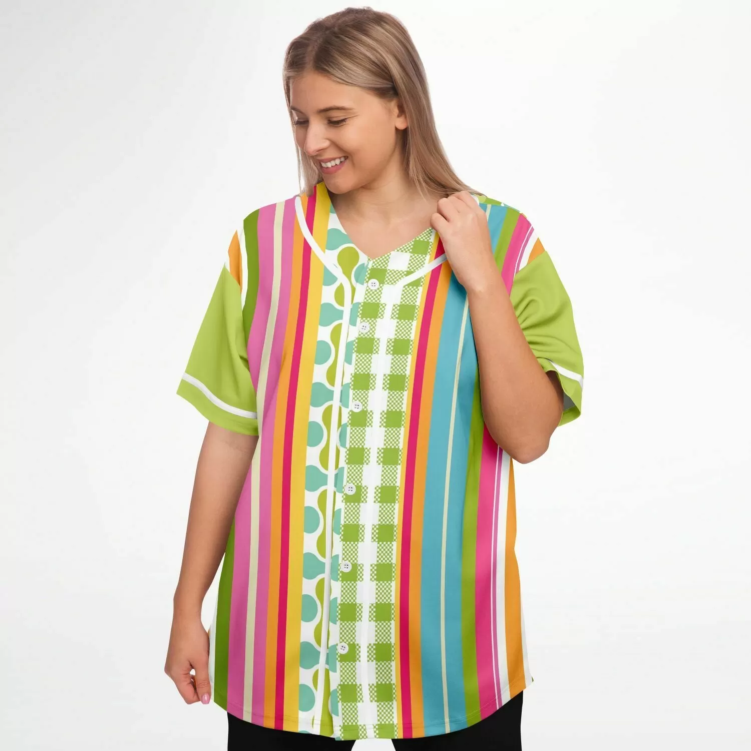 Green Anjou Pear Striped Patchwork Button Front Jersey