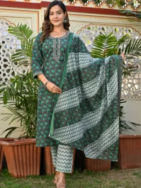 Green Cotton Printed Embroidered Salwar Suit Set