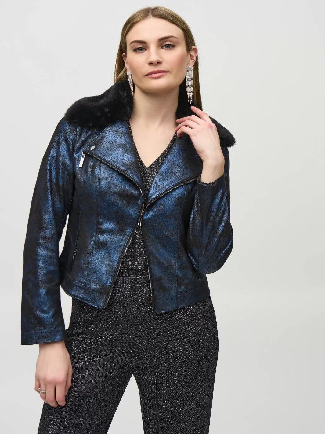 Joseph Ribkoff Foiled Suede Jacket in Blue/Black 244918