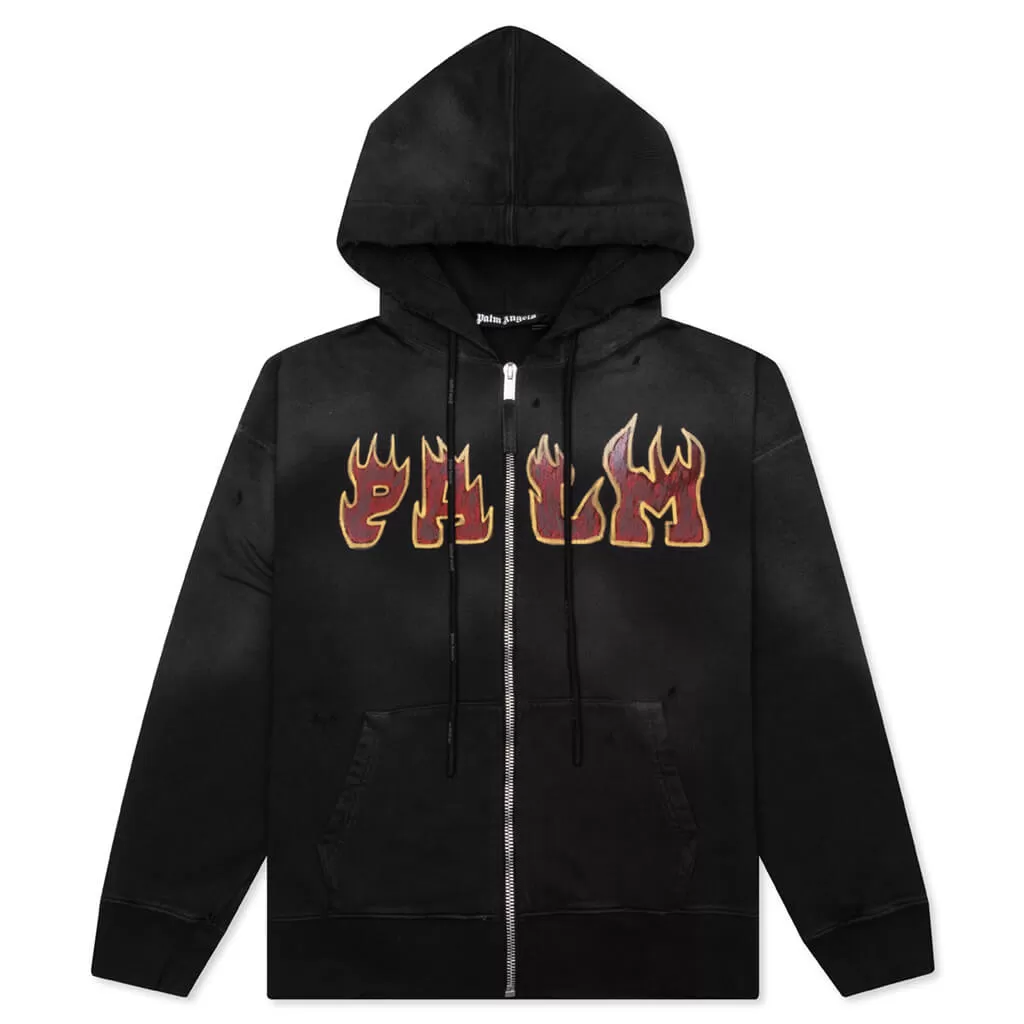 Logo Flames Zipped Vintage Hoodie - Black/Red