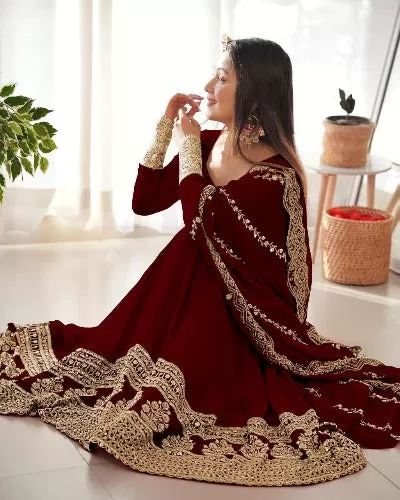 Maroon Heavy Georgette Designer Embroidered Anarkali Suit Set