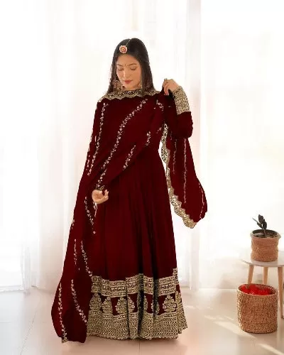 Maroon Heavy Georgette Designer Embroidered Anarkali Suit Set