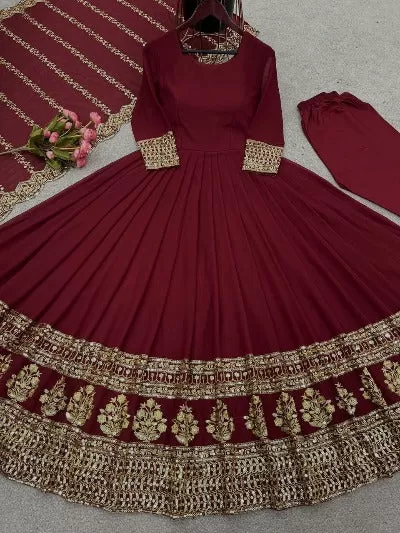 Maroon Heavy Georgette Designer Embroidered Anarkali Suit Set