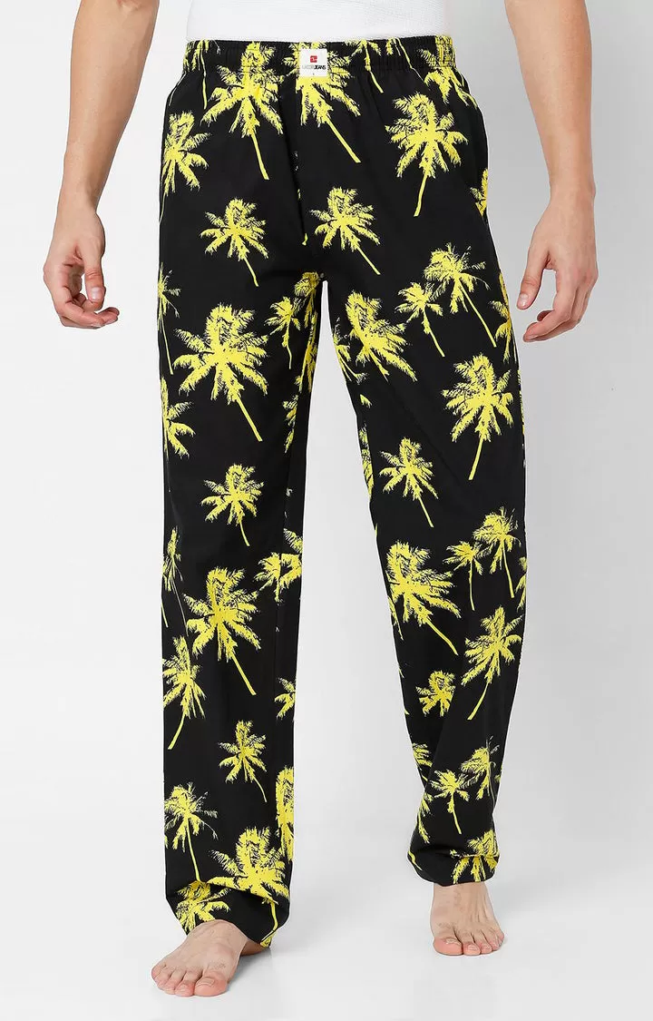 Men Premium Black & Yellow Cotton Printed Pyjama - UnderJeans By Spykar