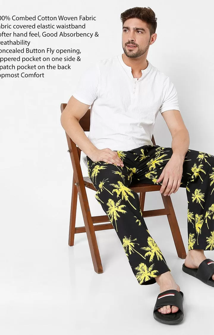 Men Premium Black & Yellow Cotton Printed Pyjama - UnderJeans By Spykar