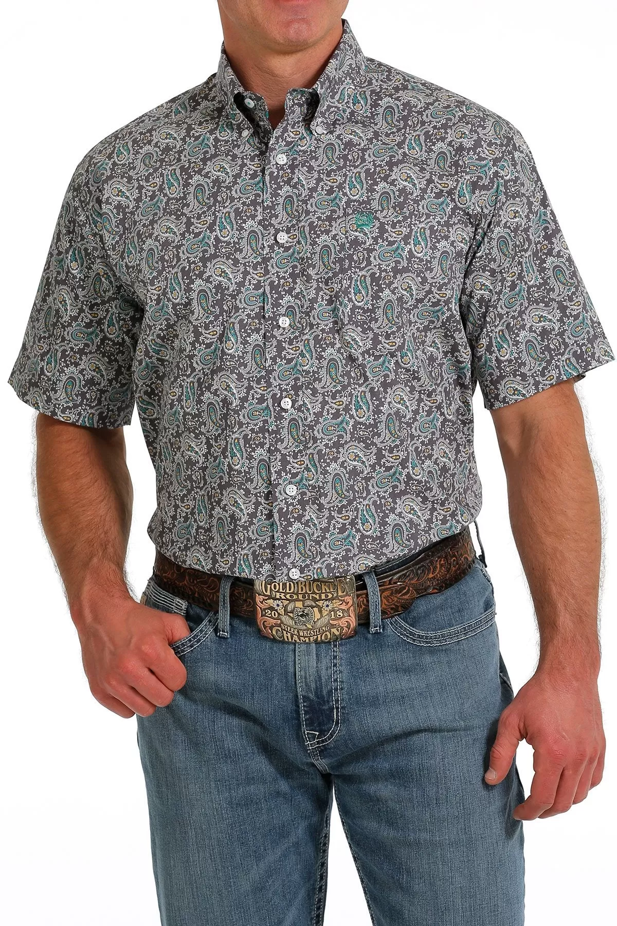 Men's Cinch Paisley Print Short Sleeve Shirt-Grey/White/Teal