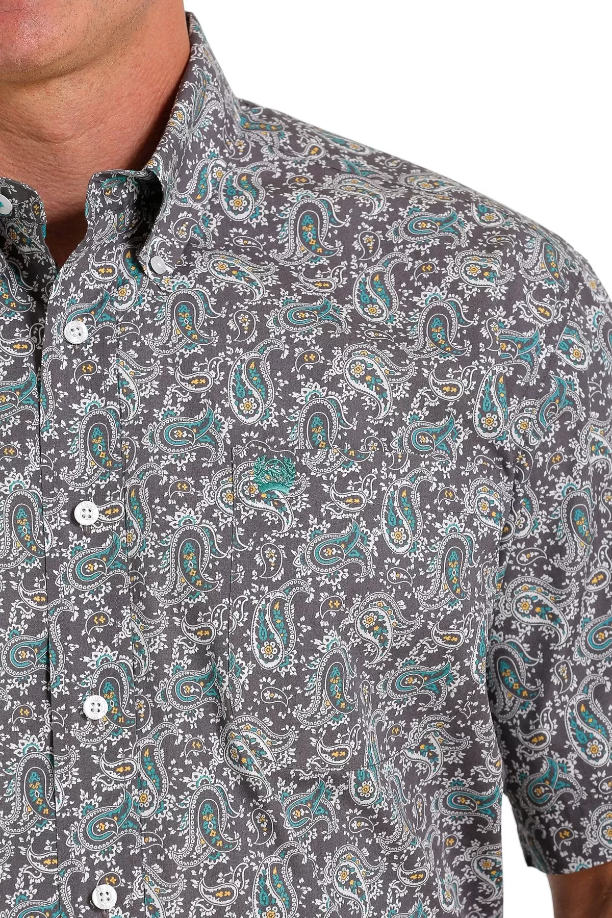 Men's Cinch Paisley Print Short Sleeve Shirt-Grey/White/Teal