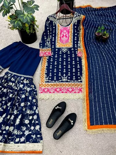 Peacock Blue Heavy Georgette Party Wear Sharara Suit Set