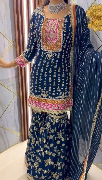 Peacock Blue Heavy Georgette Party Wear Sharara Suit Set