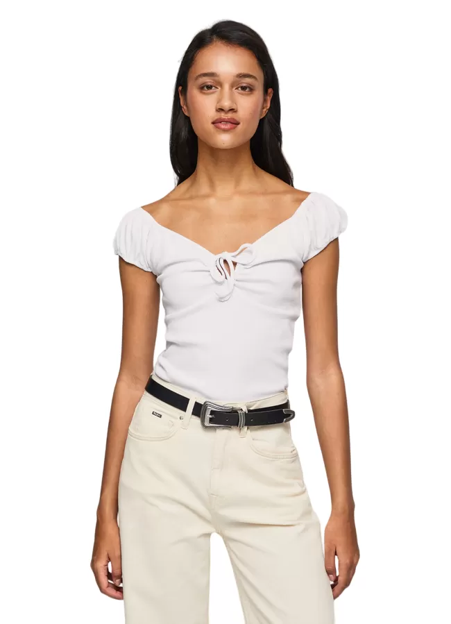 Pepe Jeans Women's T-shirt with heart neckline PL505454 800 white