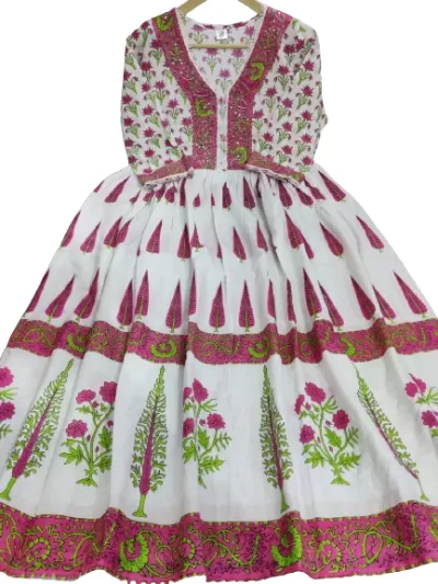 Pink & White Cambric Cotton Mughal Motif Printed Anarkali Suit