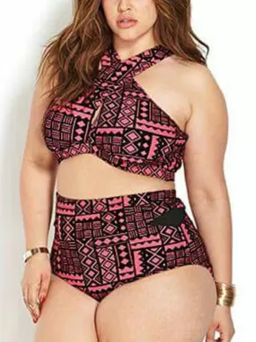 Pink Geometric Cross High Waisted Bikini Sets