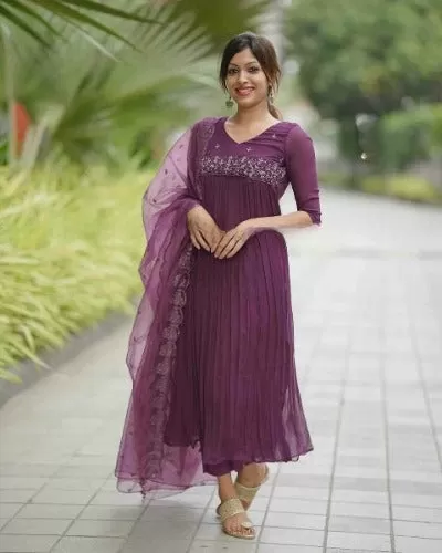 Purple Georgette Hand Embroidered Salwar Suit Set