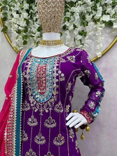 Purple Georgette Heavy Sequence Work Sharara Suit Set