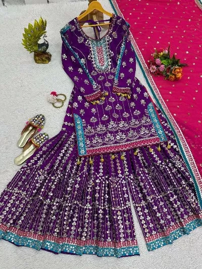 Purple Georgette Heavy Sequence Work Sharara Suit Set