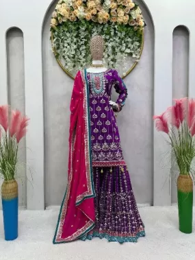 Purple Georgette Heavy Sequence Work Sharara Suit Set