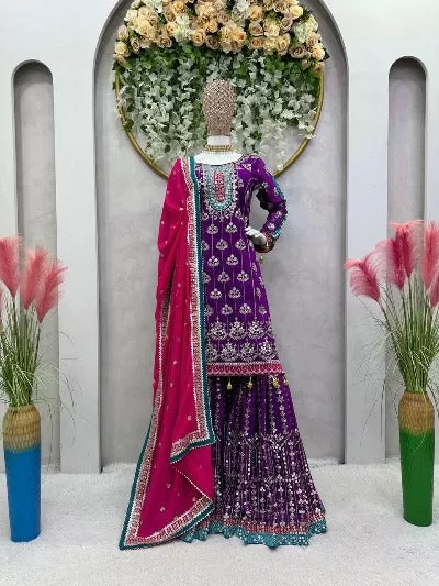 Purple Georgette Heavy Sequence Work Sharara Suit Set