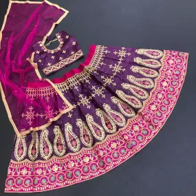 Purple Velvet Satin Traditional Wear Embroidery Work Kids Lehenga Choli