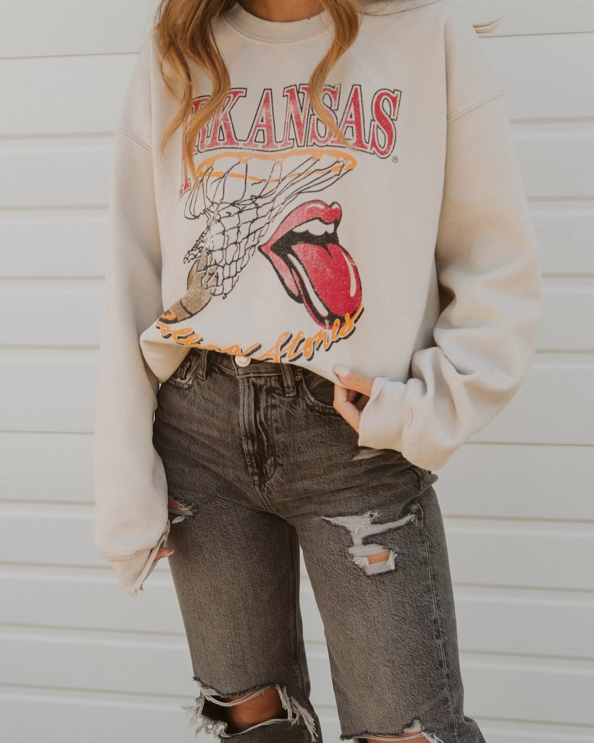 Rolling Stones Arkansas Basketball Net Sand Thrifted Sweatshirt