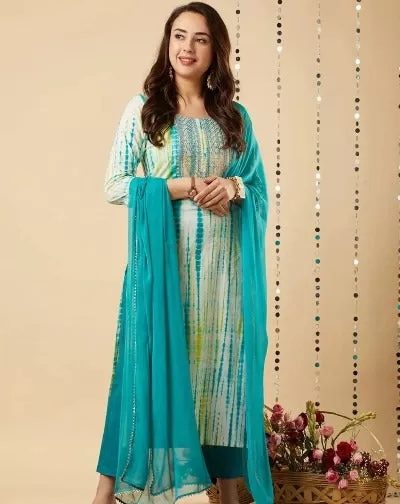 Sky Blue Tie Dye Rayon Straight Salwar Suit Set