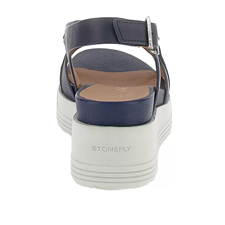 Stonefly women's casual sandal with Parky 28 Calf wedge in leather with chain 220903-05H blue