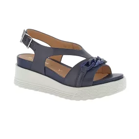 Stonefly women's casual sandal with Parky 28 Calf wedge in leather with chain 220903-05H blue