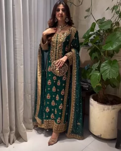 Teal Green Georgette Heavy Sequence Work Wedding Wear Suit Set