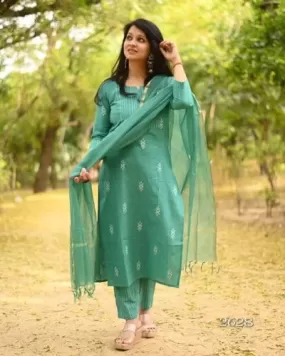 Turquoise Blue Handloom South Cotton Salwar Suit Set