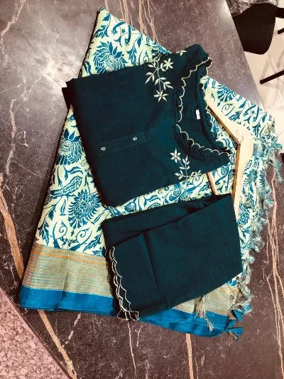 Turquoise Khadi Cotton Suit With Kalamkari Print Dupatta