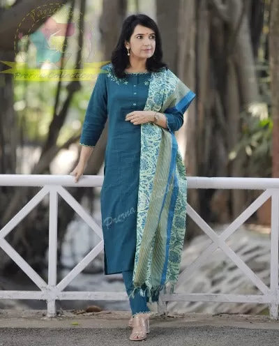 Turquoise Khadi Cotton Suit With Kalamkari Print Dupatta