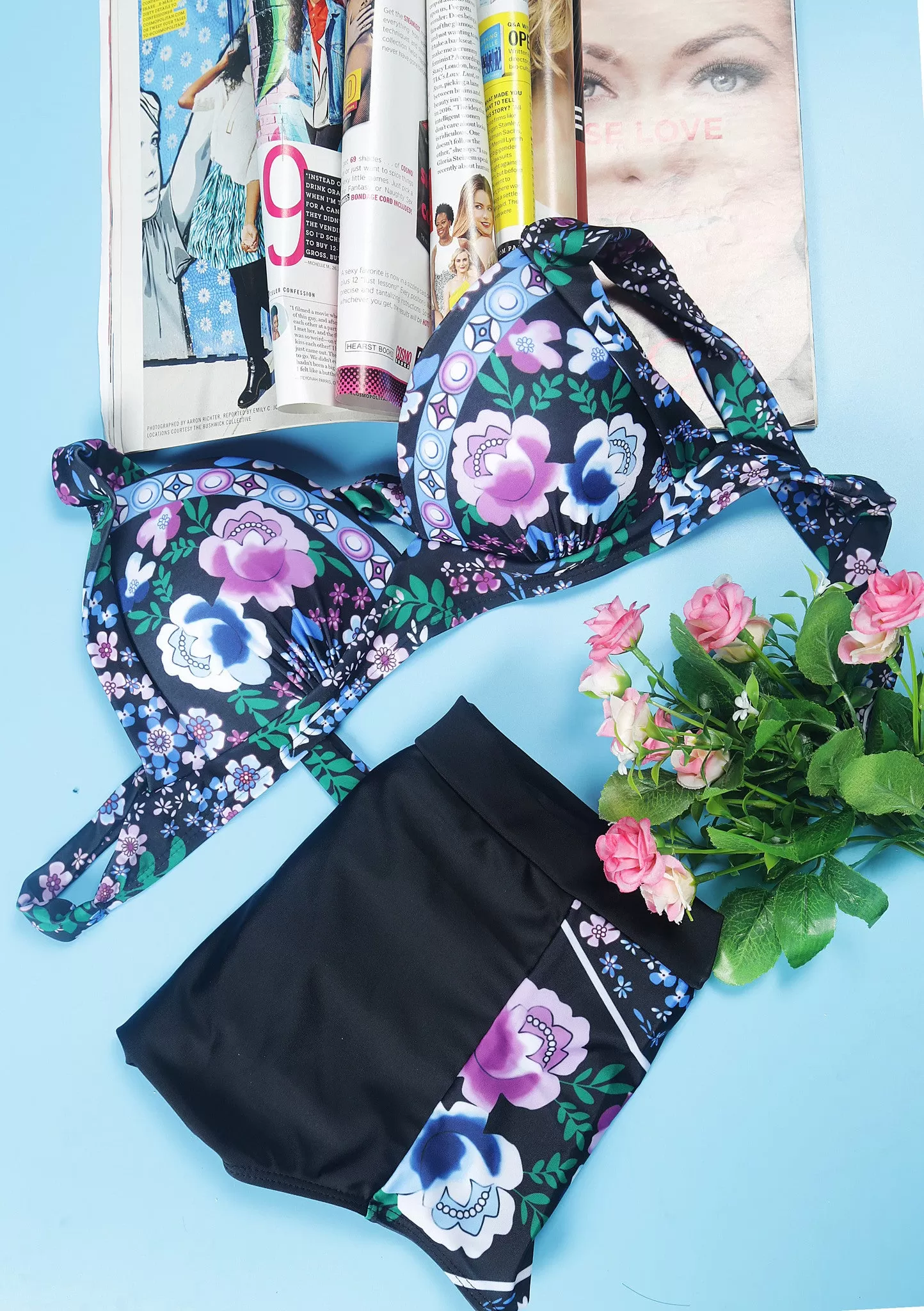 Vintage Floral Print High-Wasited Bikini Sets