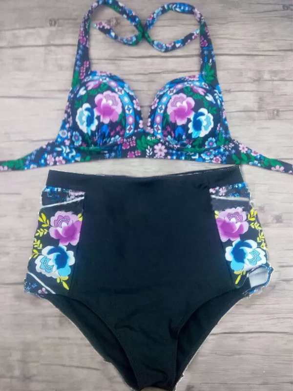 Vintage Floral Print High-Wasited Bikini Sets