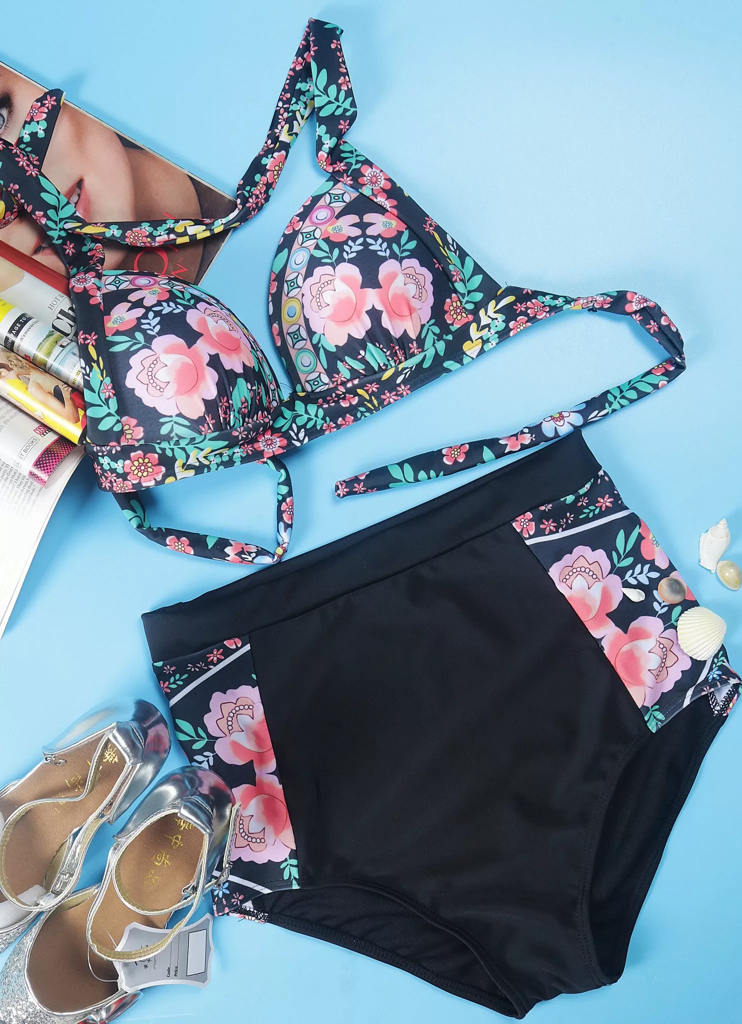 Vintage Floral Print High-Wasited Bikini Sets