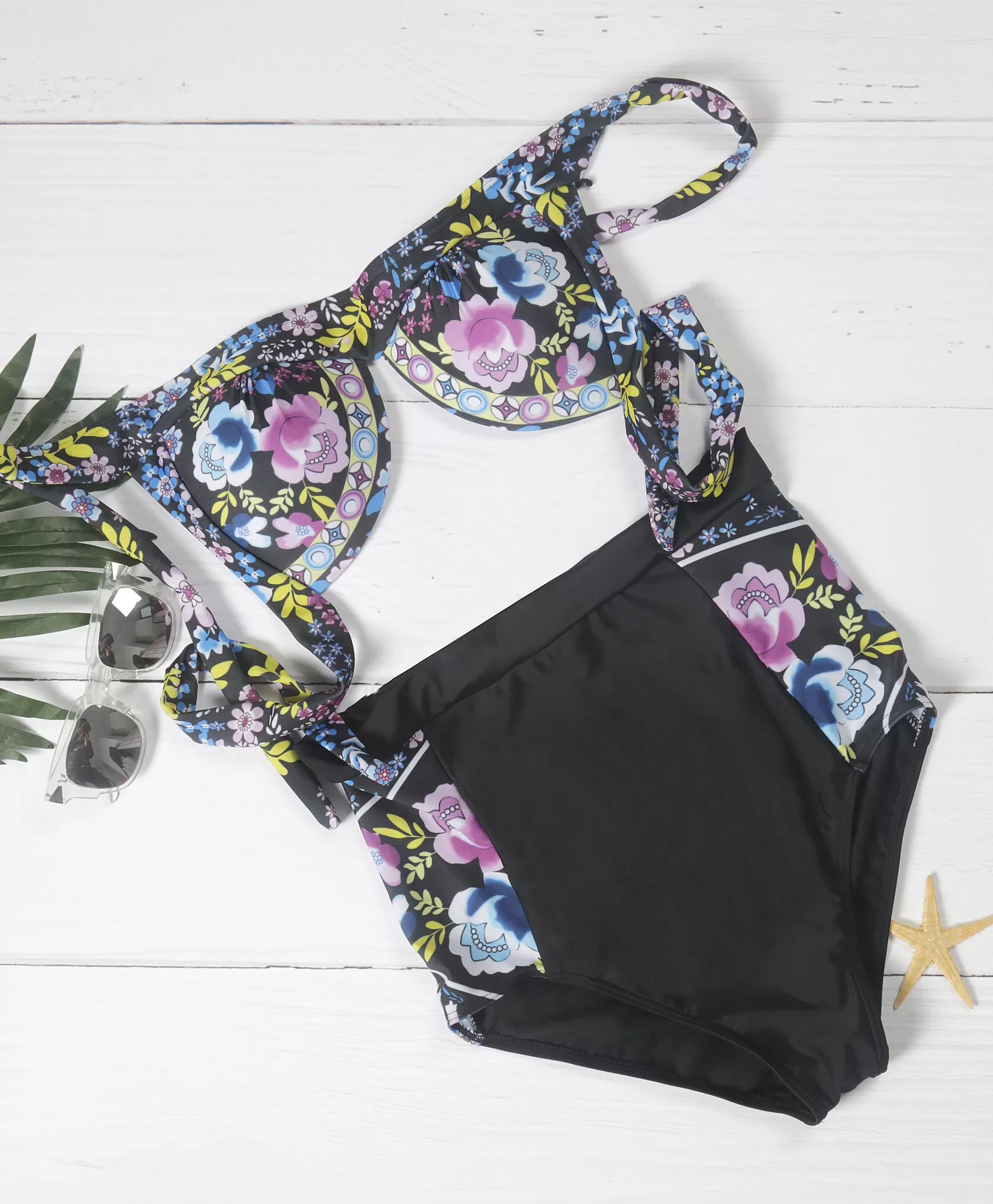 Vintage Floral Print High-Wasited Bikini Sets